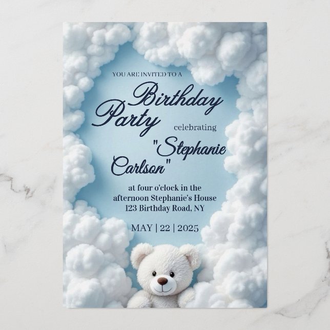 Invitación Con Relieve Metalizado Cute Cloud & Teddy Bear Birthday Invitation (Anverso)