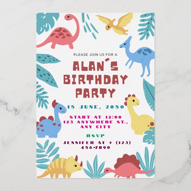 Invitación Con Relieve Metalizado Cute Dinosaur Birthday Invitation (Anverso)