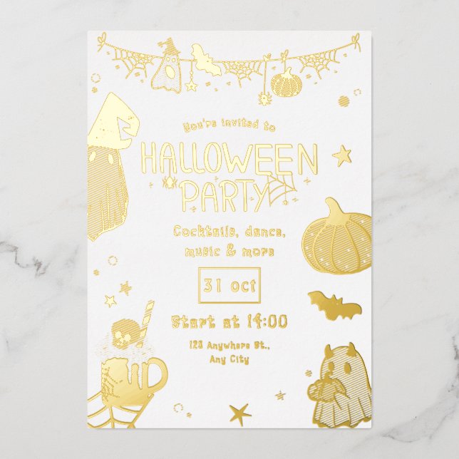 Invitación Con Relieve Metalizado Cute Gold Spooky  Halloween Party (Anverso)