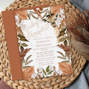 Invitación Con Relieve Metalizado Cute Jirafa Boho Pastos Secos Shower de Bebe Hoja