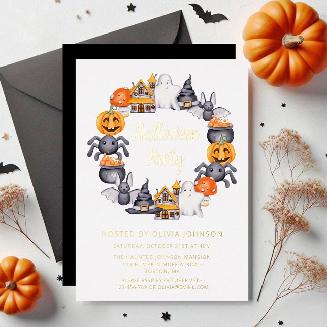 Invitación Con Relieve Metalizado Cute negro feliz Ilustracion Halloween parte oro (Cute Black Happy Halloween Illustration Part Gold Foil Invitation)