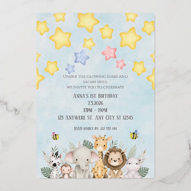 Invitación Con Relieve Metalizado Cute Safari Baby Animals Birthday Invitation (Anverso)