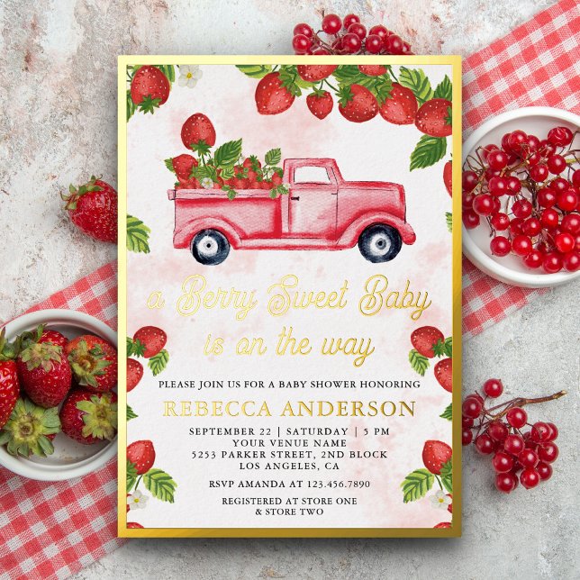 Invitación Con Relieve Metalizado Cute Strawberry Truck Berry Sweet Baby Shower Gold (Subido por el creador)