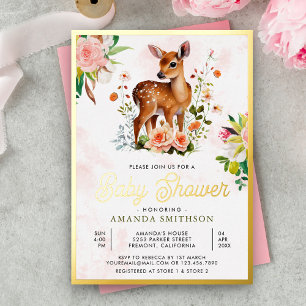 Invitación Con Relieve Metalizado Cute Watercolor Floral Deer Baby Shower Gold