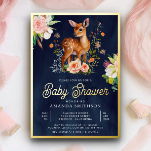 Invitación Con Relieve Metalizado Cute Watercolor Floral Deer Navy Baby Shower Gold