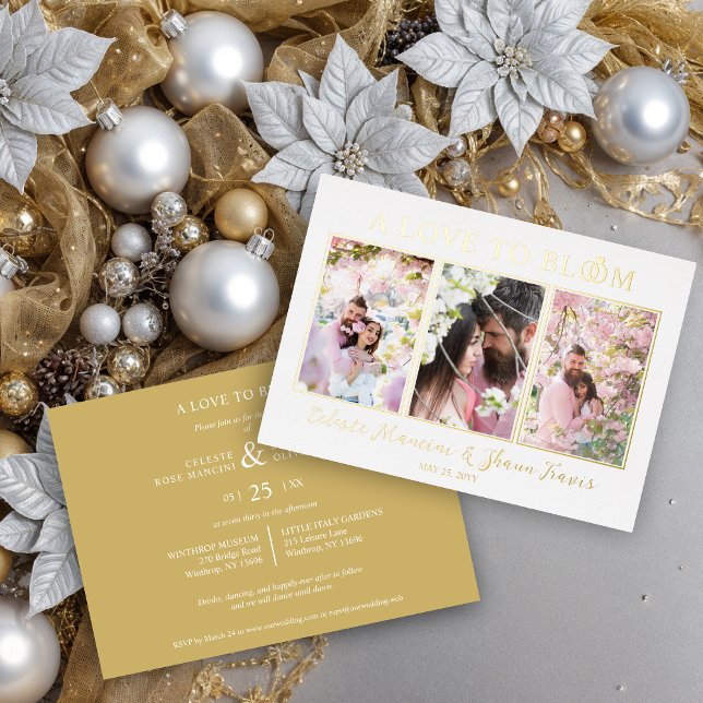 Invitación Con Relieve Metalizado Cute Wedding Rings Sophisticated 3 Multi Photos (Cute Wedding Rings Luxurious 3 Multi Photos in Real Gold Metallic Foil Invitations Cards.)