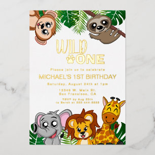 Invitación Con Relieve Metalizado Cute Wild One Selva Safari Animales Primer Cumplea
