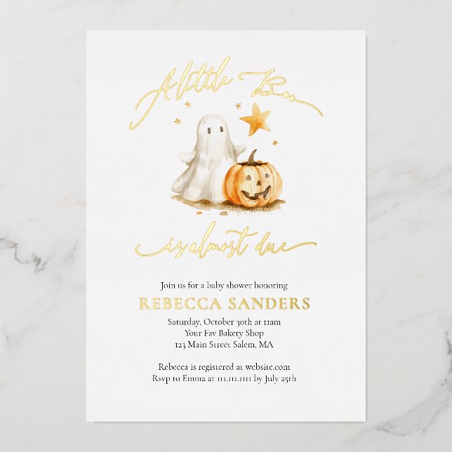 Invitación Con Relieve Metalizado Cuto Ghost Pumpkin Boo Halloween Baby Shower (Anverso)