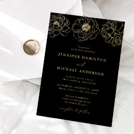 Invitación Con Relieve Metalizado Dainty Floral Black and Gold Boda