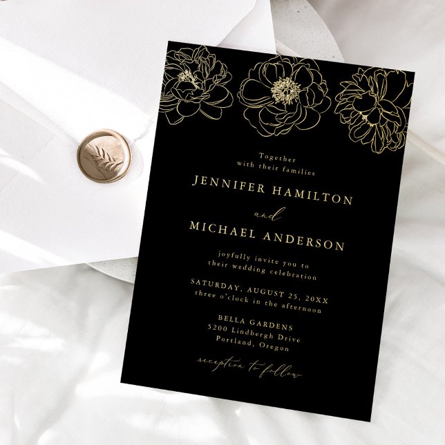 Invitación Con Relieve Metalizado Dainty Floral Black and Gold Boda (Subido por el creador)