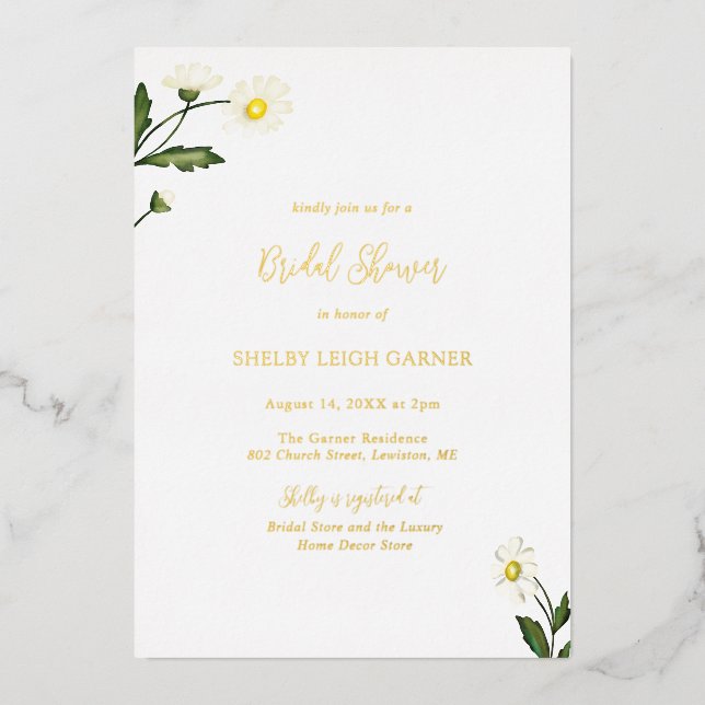 Invitación Con Relieve Metalizado Daisy blanco Floral Rústica ducha de novia (Anverso)