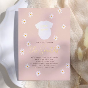 Invitación Con Relieve Metalizado Daisy Flowers Boho Hermana Pequeña Baby Shower Bri