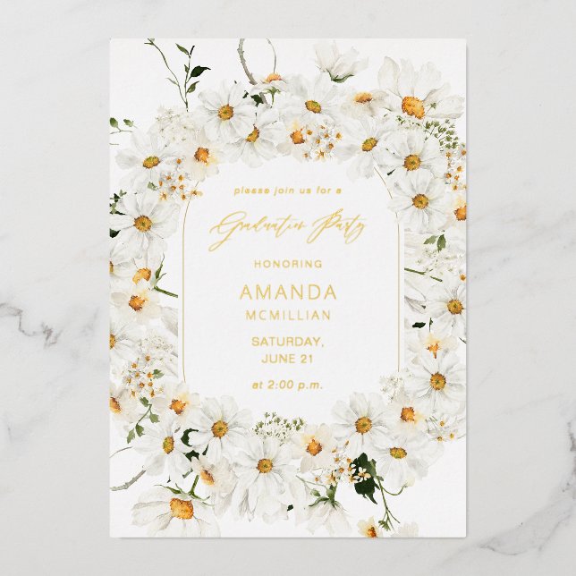 Invitación Con Relieve Metalizado Daisy White Floral Graduation Party (Anverso)