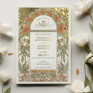 Invitación Con Relieve Metalizado Dalia de Oro Arte Nouveau Boda Vintage