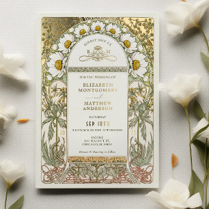 Invitación Con Relieve Metalizado Dalias Arte Vintage de Boda Modernista