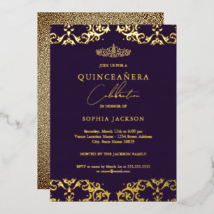 Invitación Con Relieve Metalizado Damasco dorado púrpura Quinceañera 15 cumpleaños