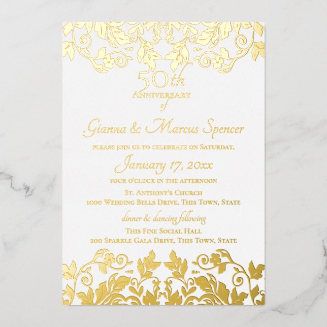 Invitación Con Relieve Metalizado Damask Oro 50 Aniversario (Anverso)