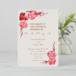 Invitación Con Relieve Metalizado Danzarina de Nube Rosa Oro Carnations Blancas Rosa