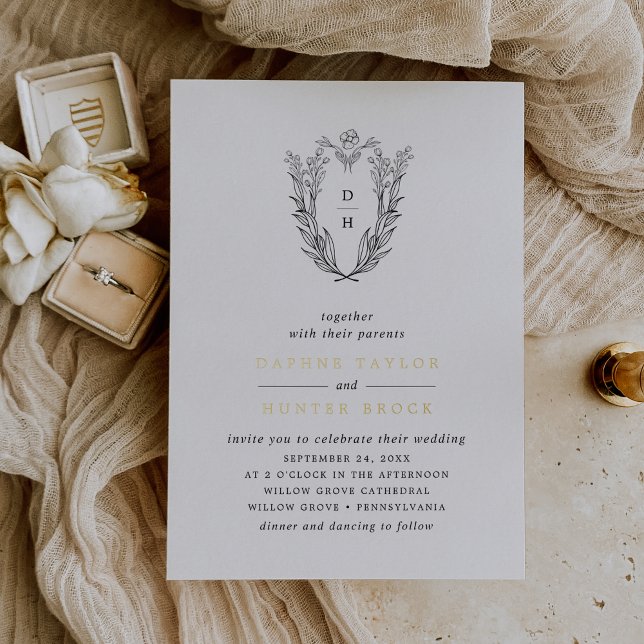 Invitación Con Relieve Metalizado DAPHNE Boda del Monograma de Oro Blanco Negro (DAPHNE Black White Gold Monogram Greenery Wedding Foil Invitation)