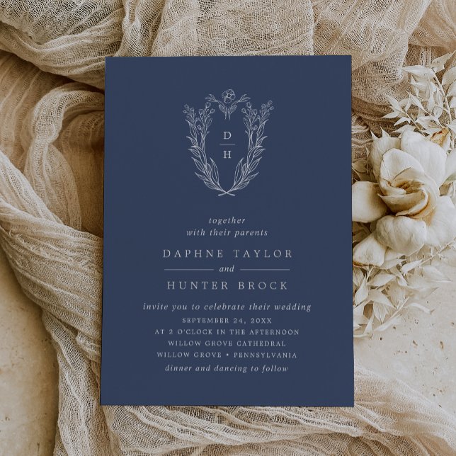 Invitación Con Relieve Metalizado DAPHNE Relieve metalizado plateado azul oscuro Bod (DAPHNE Dark Blue Silver Foil Botanical Wedding Foil Invitation)