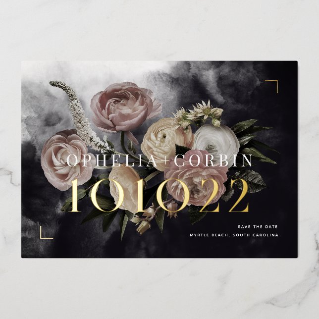 Invitación Con Relieve Metalizado Dark Black Rose Bouquet Wedding Save the Date (Anverso)