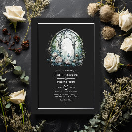 Invitación Con Relieve Metalizado Dark Fantasy Castle Window Gothic Boda