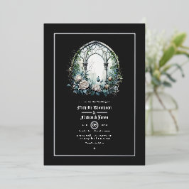Invitación Con Relieve Metalizado Dark Fantasy Castle Window Gothic Boda