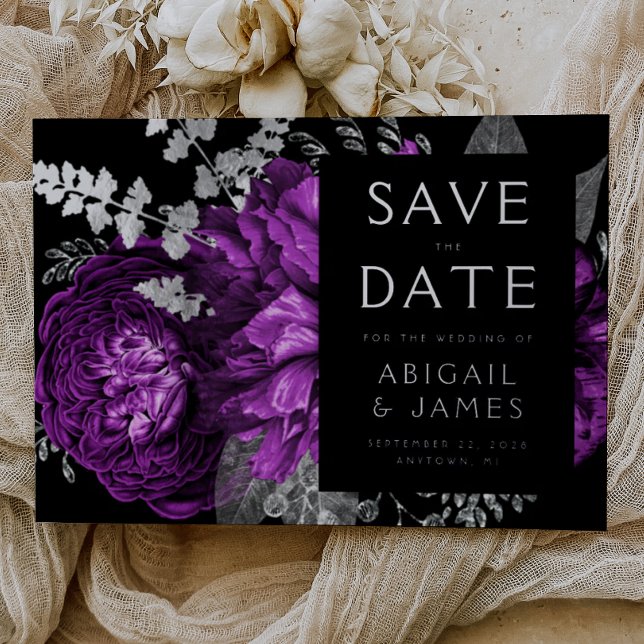 Invitación Con Relieve Metalizado Dark Floral Plum Silver Wedding Save the Date (Subido por el creador)