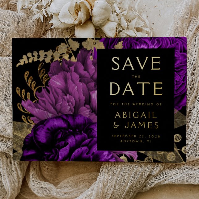 Invitación Con Relieve Metalizado Dark Floral Purple Gold Wedding Salven la fecha (Subido por el creador)