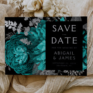 Invitación Con Relieve Metalizado Dark Floral Verde azulado Blue Silver Wedding Save