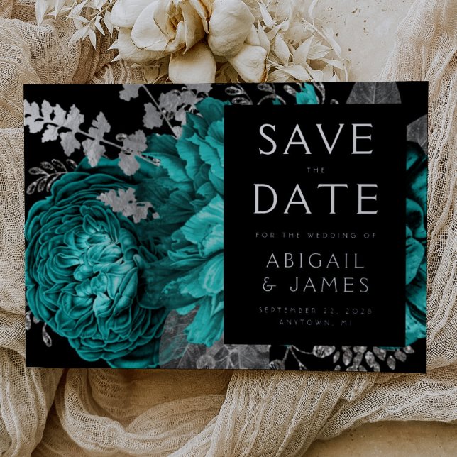 Invitación Con Relieve Metalizado Dark Floral Verde azulado Blue Silver Wedding Save (Subido por el creador)