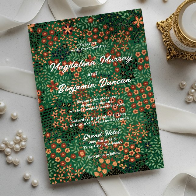 Invitación Con Relieve Metalizado Dark Green Red Art Tapestry Textile Floral Wedding (Subido por el creador)