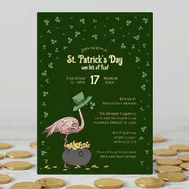 Invitación Con Relieve Metalizado Dark Green Shamrock Flamingo St Patrick's Day