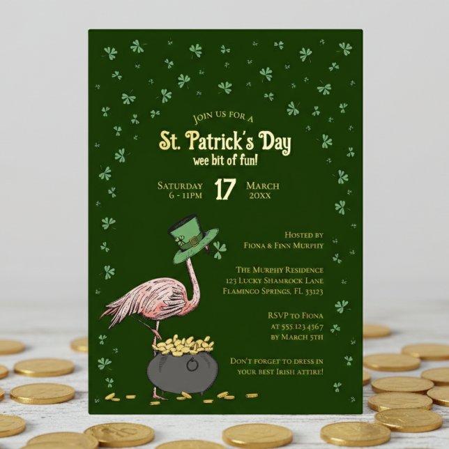 Invitación Con Relieve Metalizado Dark Green Shamrock Flamingo St Patrick's Day (Funny Irish Flamingo Dark Green Gold St Patrick's Day Party Invitations. Lucky Green Shamrock Clover)