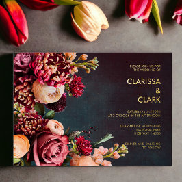 Invitación Con Relieve Metalizado Dark Moody Bold Floral Marsala Boda