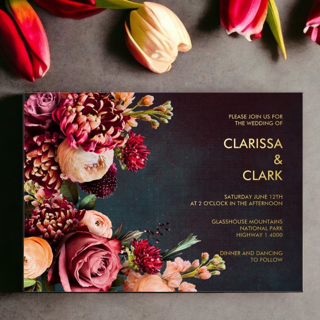 Invitación Con Relieve Metalizado Dark Moody Bold Floral Marsala Boda (Subido por el creador)
