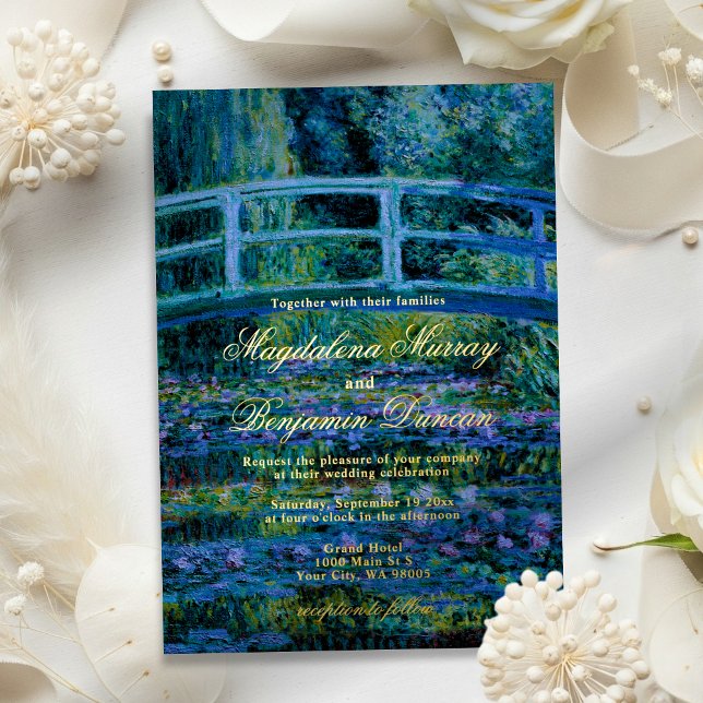 Invitación Con Relieve Metalizado Dark Moody Fine Art Monet Water Lilies Wedding (Subido por el creador)
