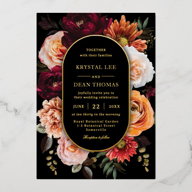 Invitación Con Relieve Metalizado Dark Moody Orange Rust Burgundy Floral Wedding (Anverso)