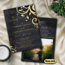 Invitación Con Relieve Metalizado Dark Swirls and Leaves Photo on Back Boda