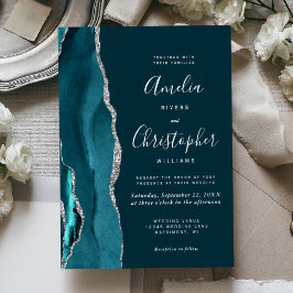Invitación Con Relieve Metalizado Dark Teal Silver Agate Script Wedding