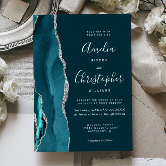 Invitación Con Relieve Metalizado Dark Teal Silver Agate Script Wedding (Subido por el creador)