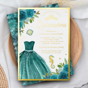 Invitación Con Relieve Metalizado Debajo del mar Verde azulado Vestido Sirenita Quin