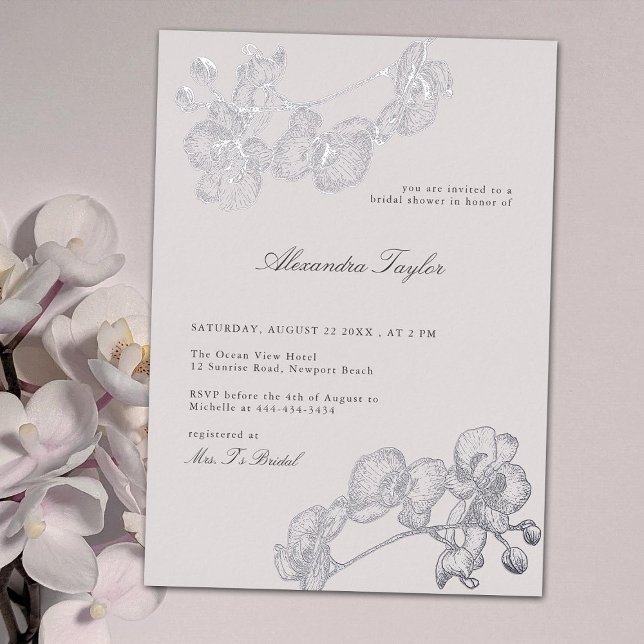 Invitación Con Relieve Metalizado Declaración Orquídea Elegante Moda Floral Ducha Nu (Subido por el creador)