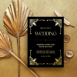 Invitación Con Relieve Metalizado Deco Moderno | Boda Elegante Negro y Dorado