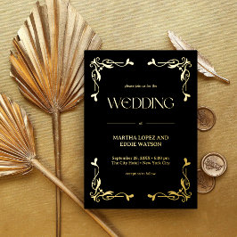Invitación Con Relieve Metalizado Deco Moderno | Boda Elegante Negro y Dorado