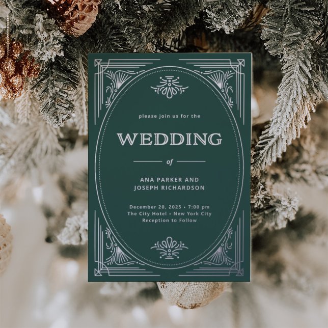 Invitación Con Relieve Metalizado Deco moderno | Elegante Boda de vacaciones verdes (An elegant rich festive green wedding invitation with silver foil accents for the holidays)