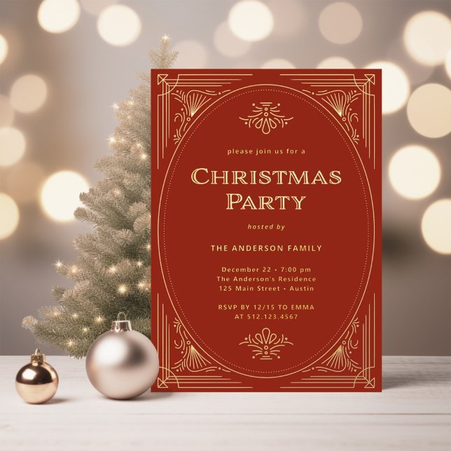 Invitación Con Relieve Metalizado Deco moderno | Elegante Fiesta de Navidades Rojos  (An elegant, gold foil Christmas party invitation with a festive red background)