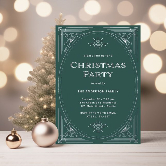 Invitación Con Relieve Metalizado Deco moderno | Elegantes Navidades verdes Fiesta P (An elegant art deco style Christmas party invitation in silver foil with a festive green background)