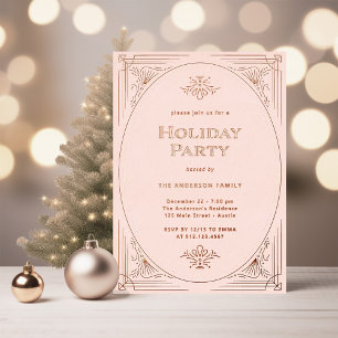 Invitación Con Relieve Metalizado Deco Moderno   Fiesta Navideña Rosa Elegante Dorad