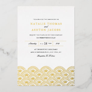 Invitación Con Relieve Metalizado Deco Seigaiha Boda Gold